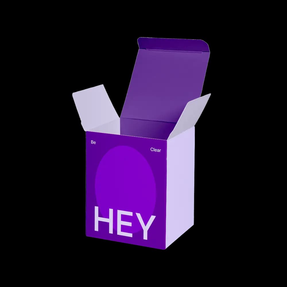 Open purple box with text "HEY" and "Be Clear" on the side.